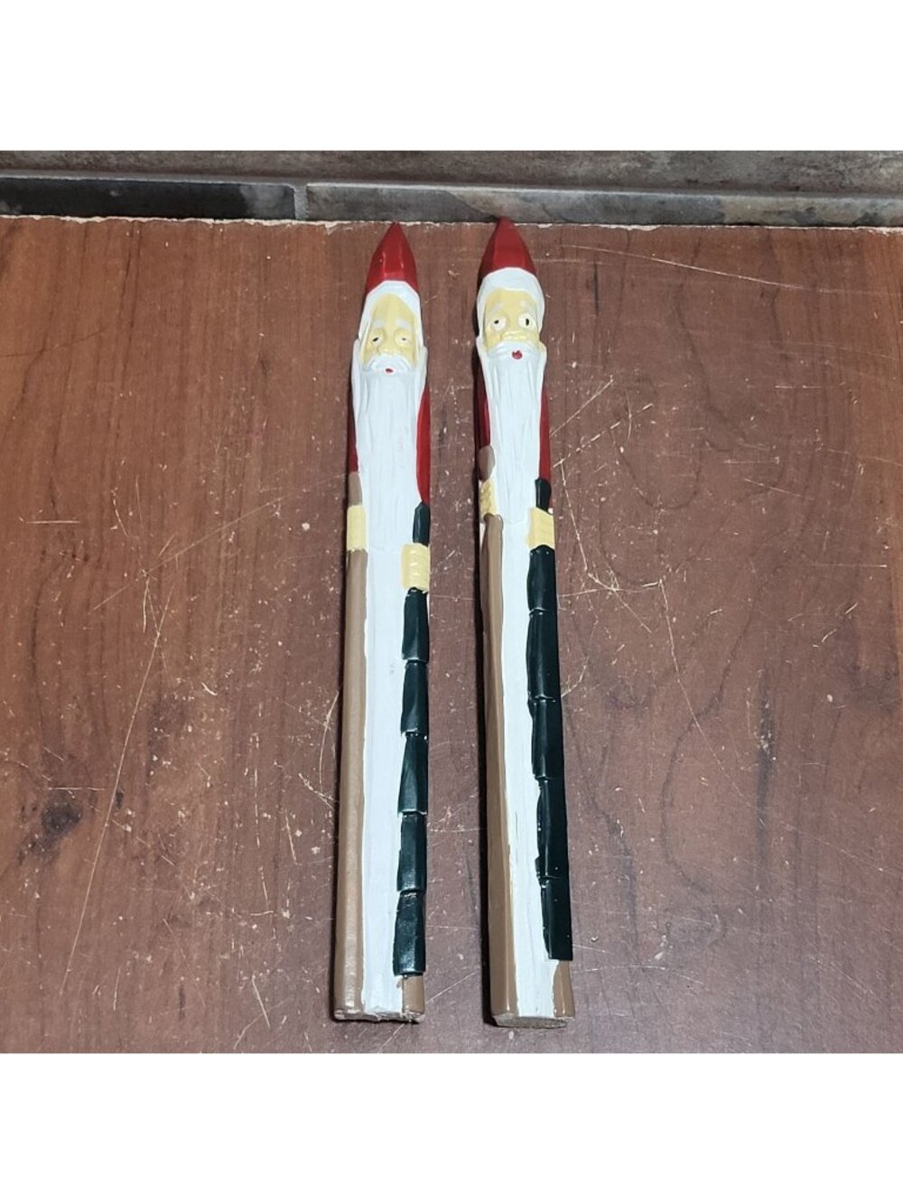 Vintage Hand Carved Painted Wooden Pencil Santa Figurines